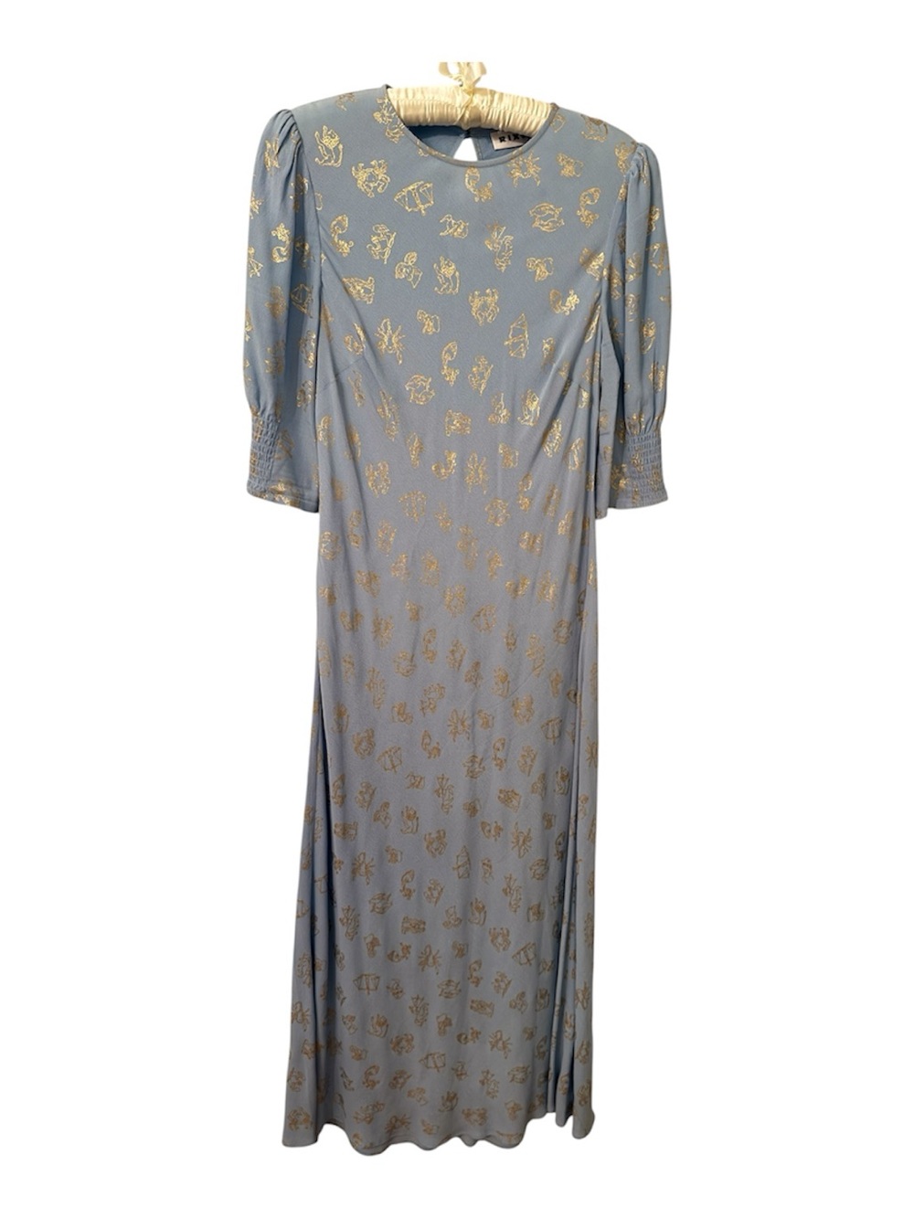 RIXO Blue & Gold Metallic Print Midi Dress Size M UK 12 US 8